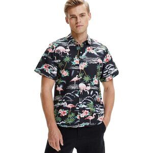 SSLR Mens Hawaiian Flamingo & Floral Short Sleeve Shirt Size L